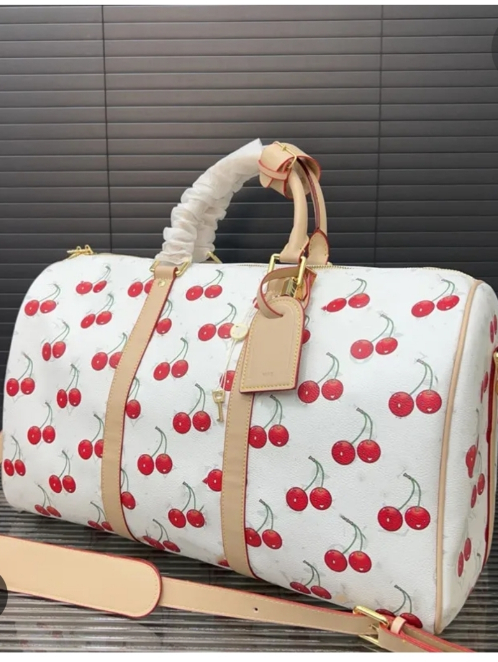 Super Coated Canvas White Smile Cherry Bowl Barrel 45 Duffel Bag Tan Trim Tag
